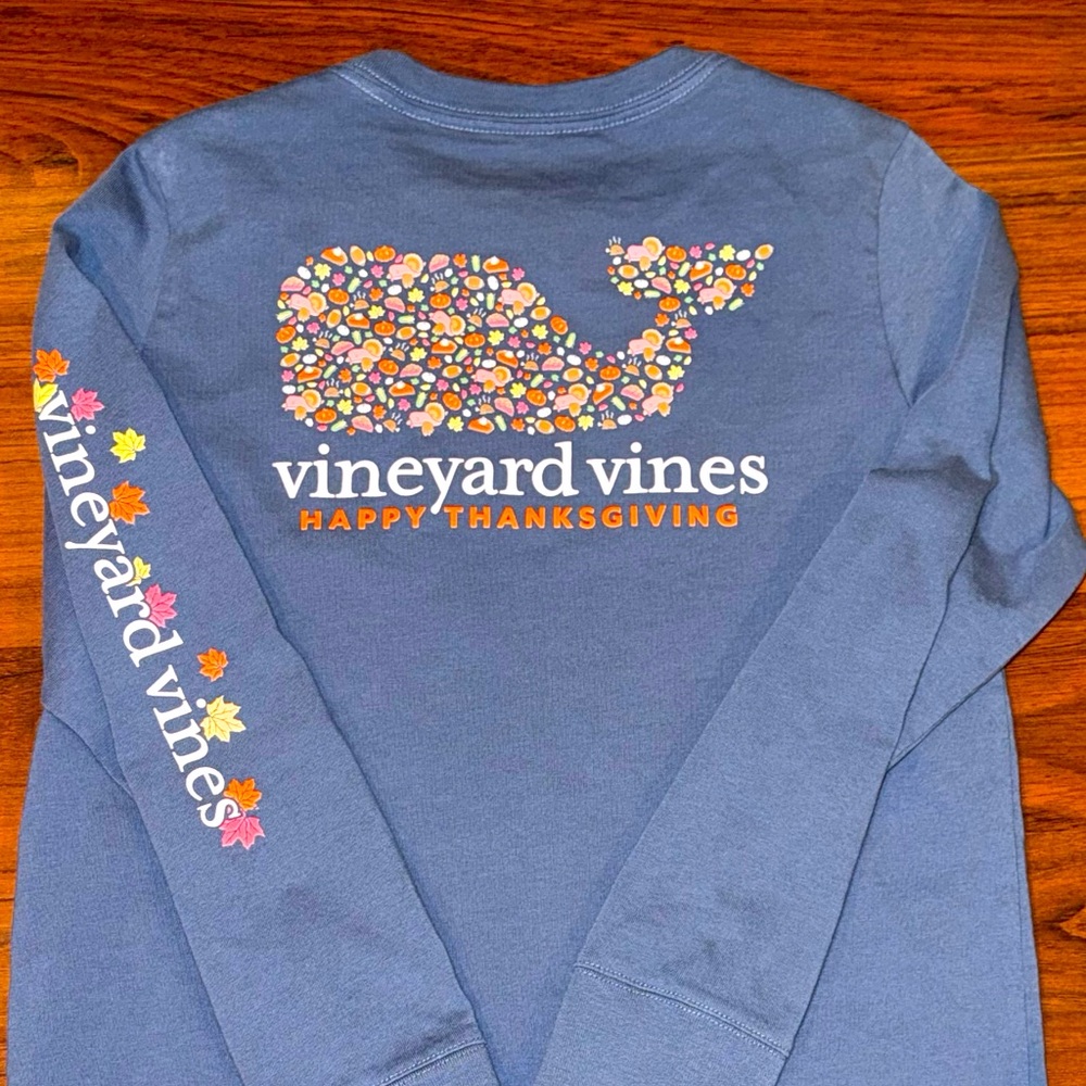 Vineyard Vines Boys Thanksgiving Long Sleeve Logo T shirt Blue Orange Size 7